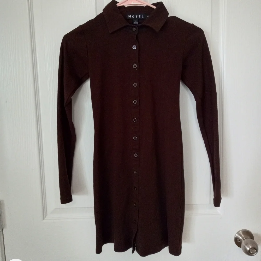 Motel Rocks Women's Luiza Mini Dress in Rib Bitter Chocolate Brown Size XS - Picture 2 of 6